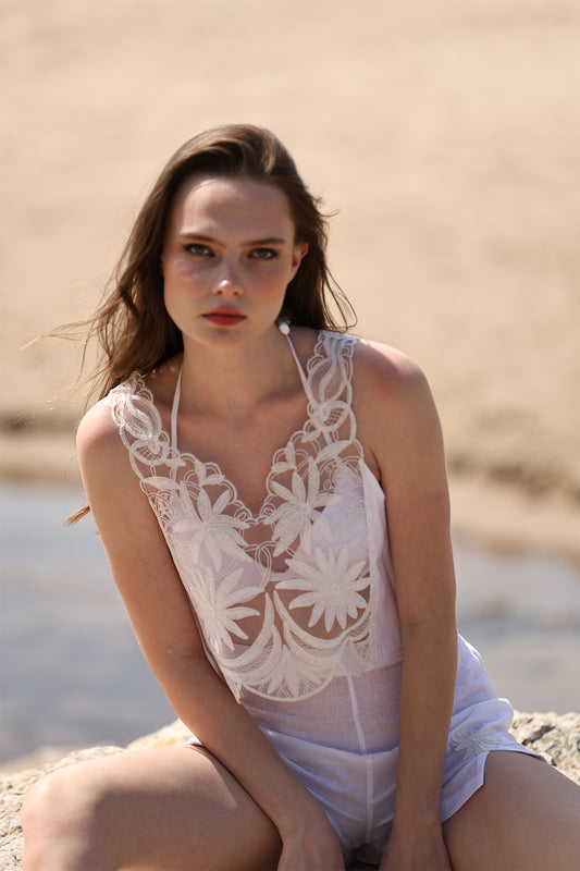 Two-Piece Set with Halter-Neck Lace Top and Comfortable Embroidered Shorts