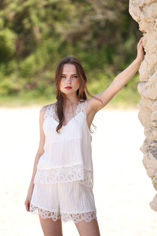 Two-Piece Set with Flowing V-Neck Top and Lace-Trimmed Shorts