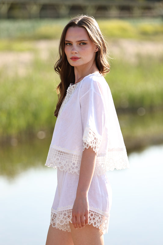 Two-Piece Set with Keyhole Tie Neck, Intricate Lace Accents, and Coordinated Shorts