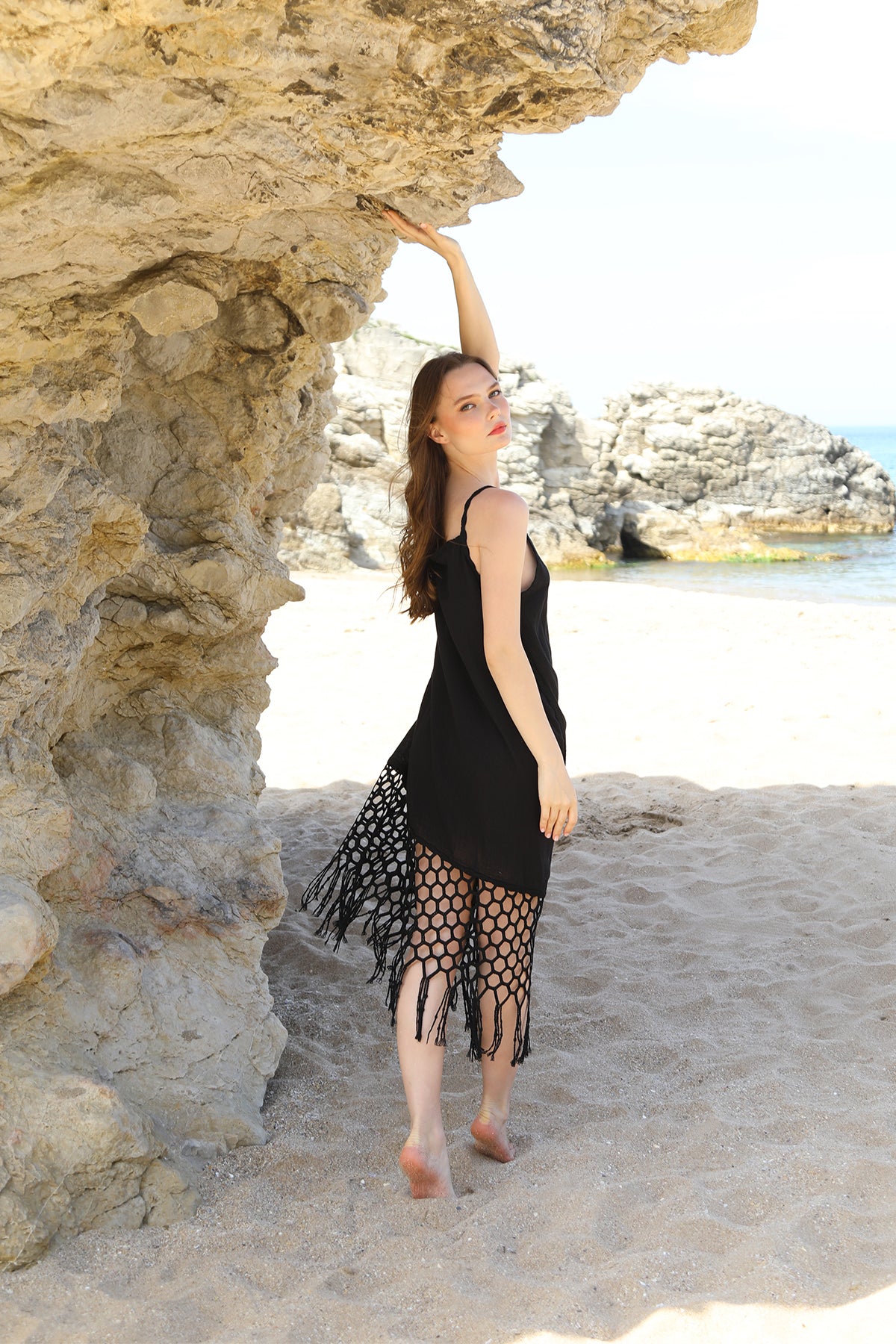 Midi Dress with macramé-style lace trims and Spaghetti Straps