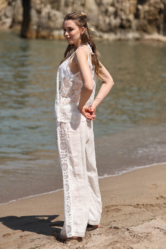 Two-Piece Set with Sheer Lace Camisole and Wide-Leg Pants