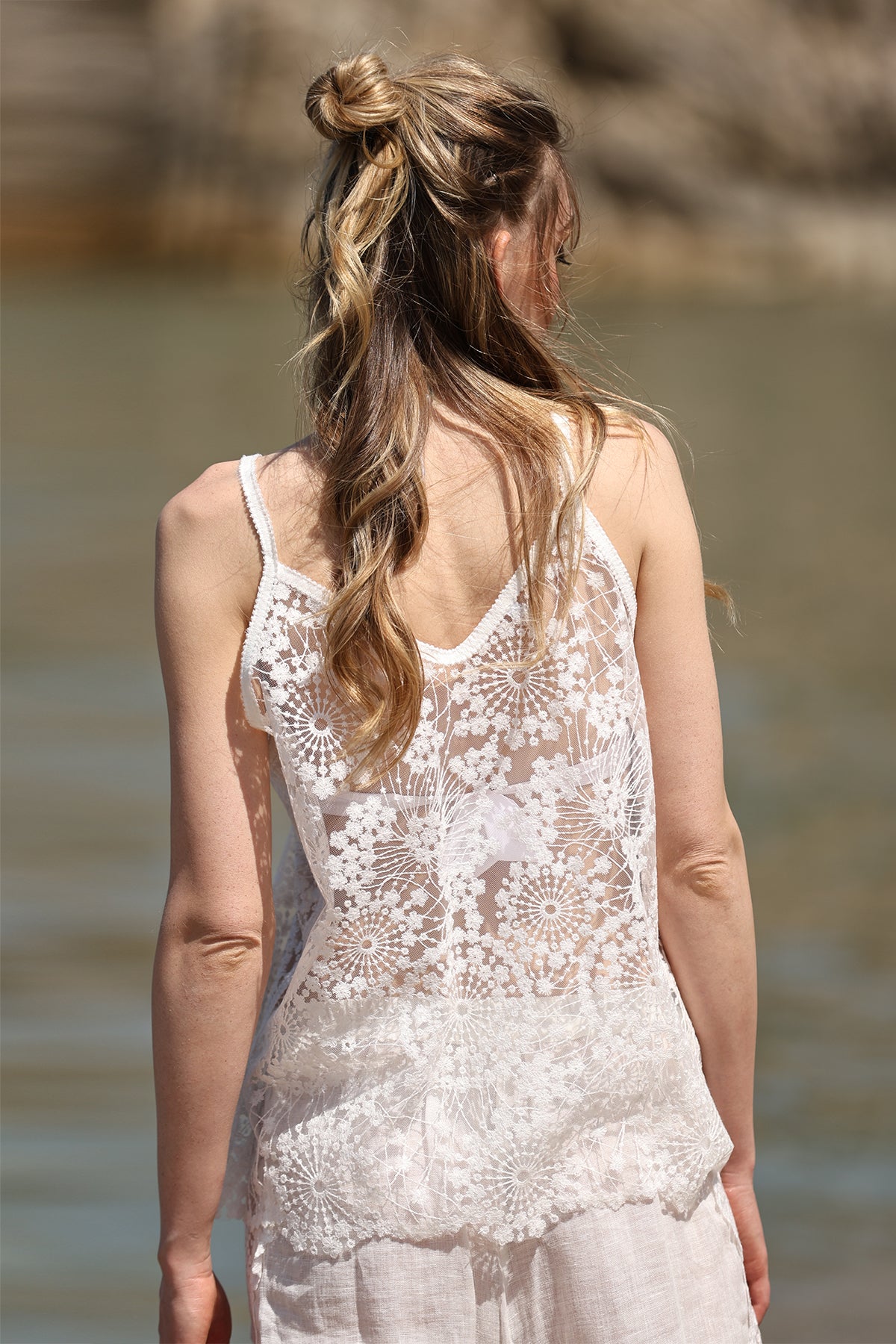 Two-Piece Set with Sheer Lace Camisole and Wide-Leg Pants