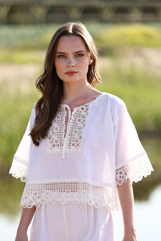 Blouse with Breezy Fit, Wide Short Sleeves, and Lace Embroidery