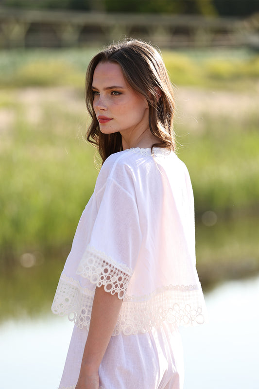 Blouse with Breezy Fit, Wide Short Sleeves, and Lace Embroidery