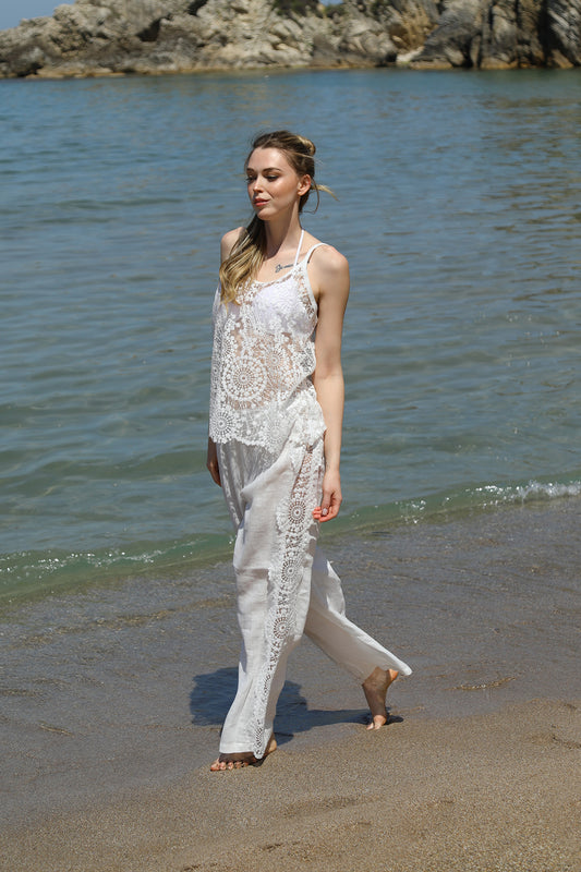 Two-Piece Set with Sheer Lace Camisole and Wide-Leg Pants