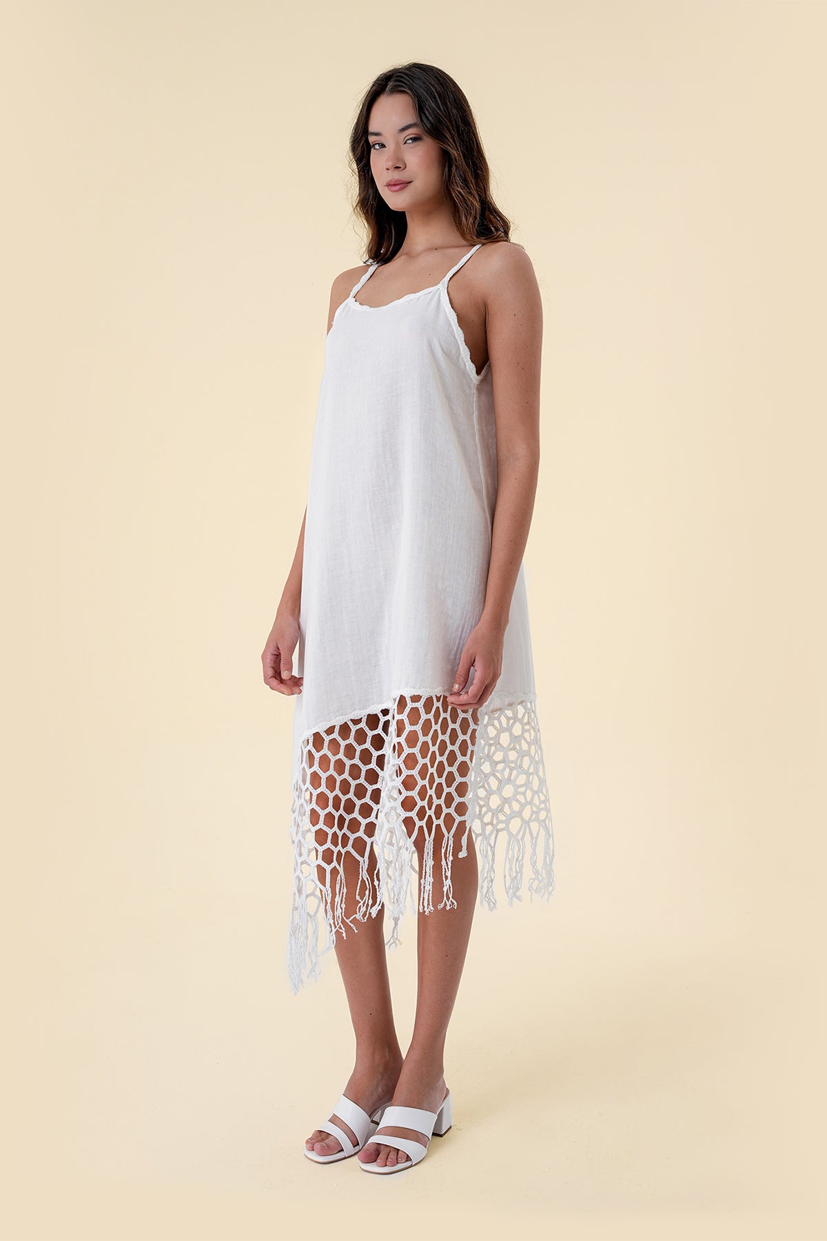 Midi Dress with macramé-style lace trims and Spaghetti Straps
