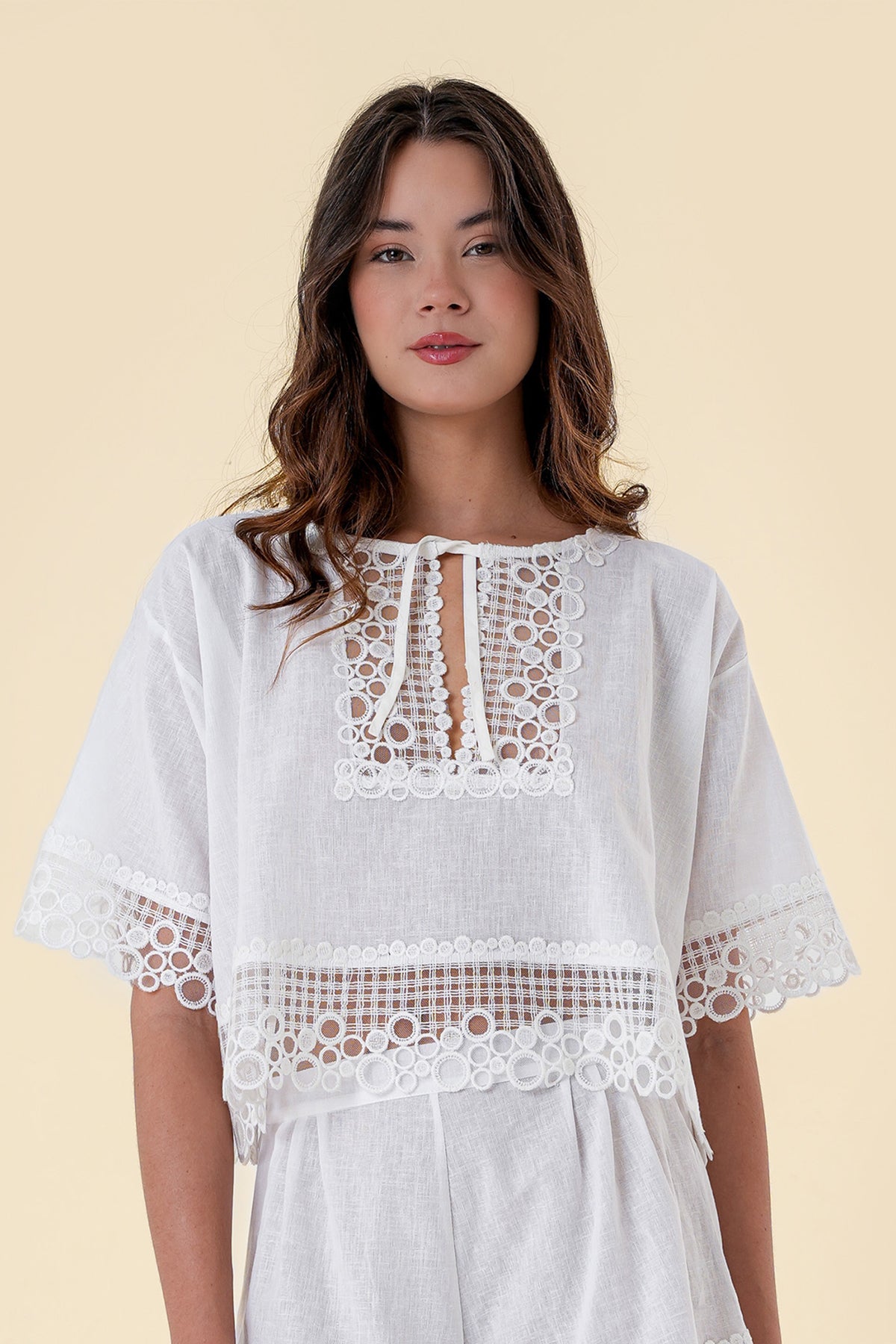 Blouse with Breezy Fit, Wide Short Sleeves, and Lace Embroidery