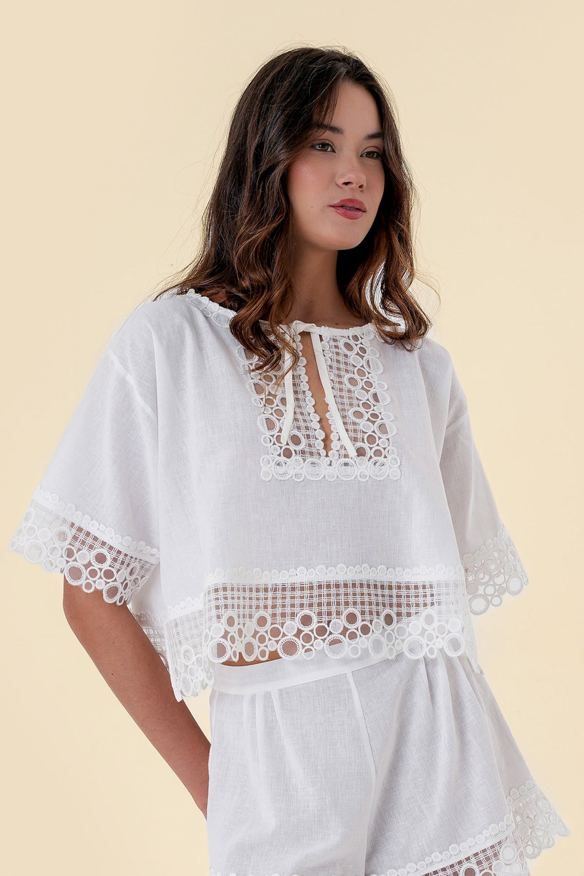 Blouse with Breezy Fit, Wide Short Sleeves, and Lace Embroidery
