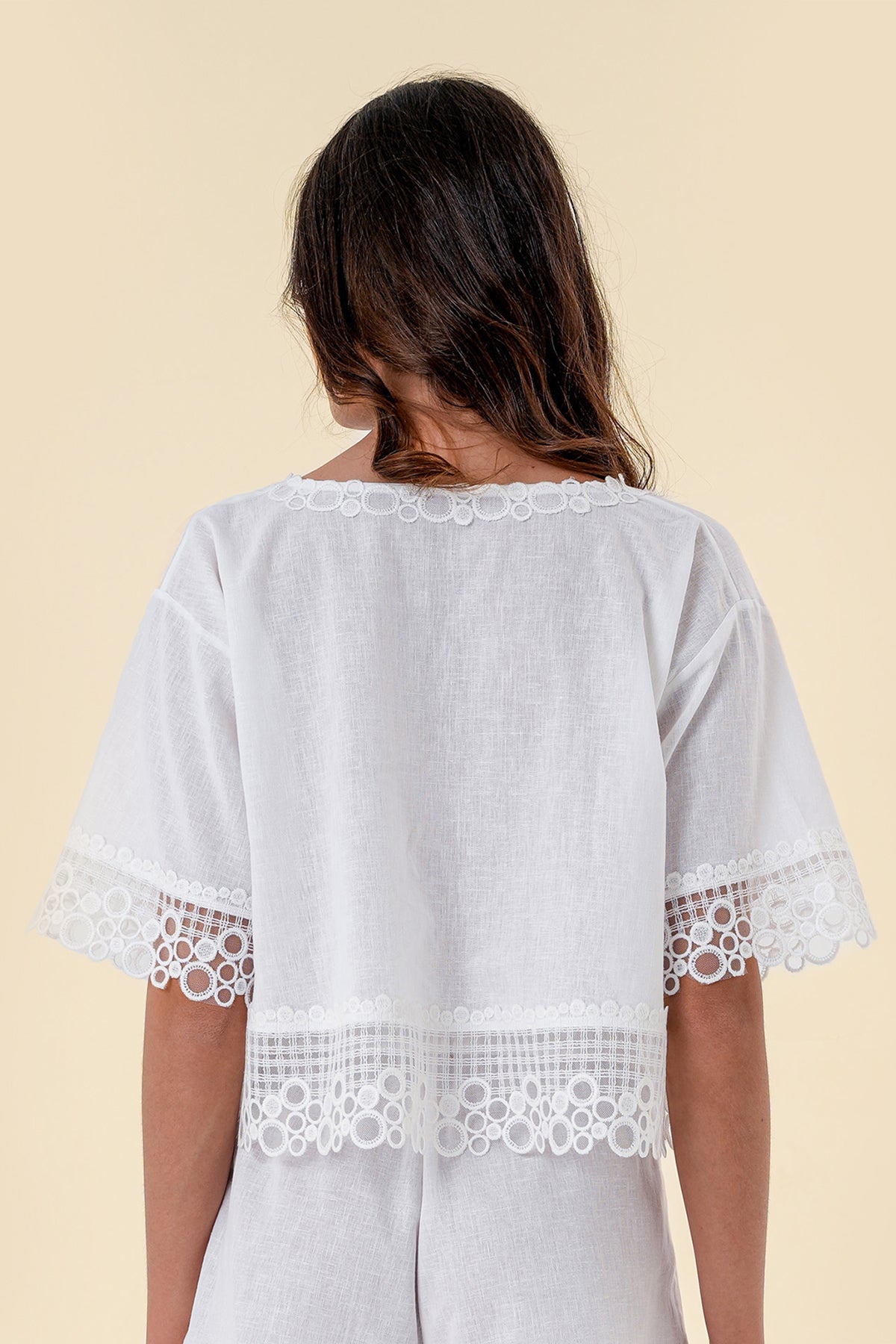 Blouse with Breezy Fit, Wide Short Sleeves, and Lace Embroidery