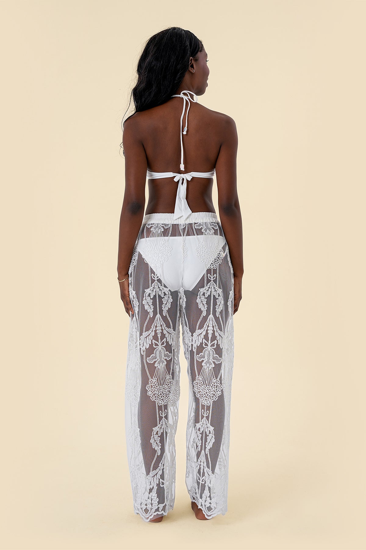 Beach Pants with Sheer Lace Pattern, Elastic Waistband, and Relaxed Fit