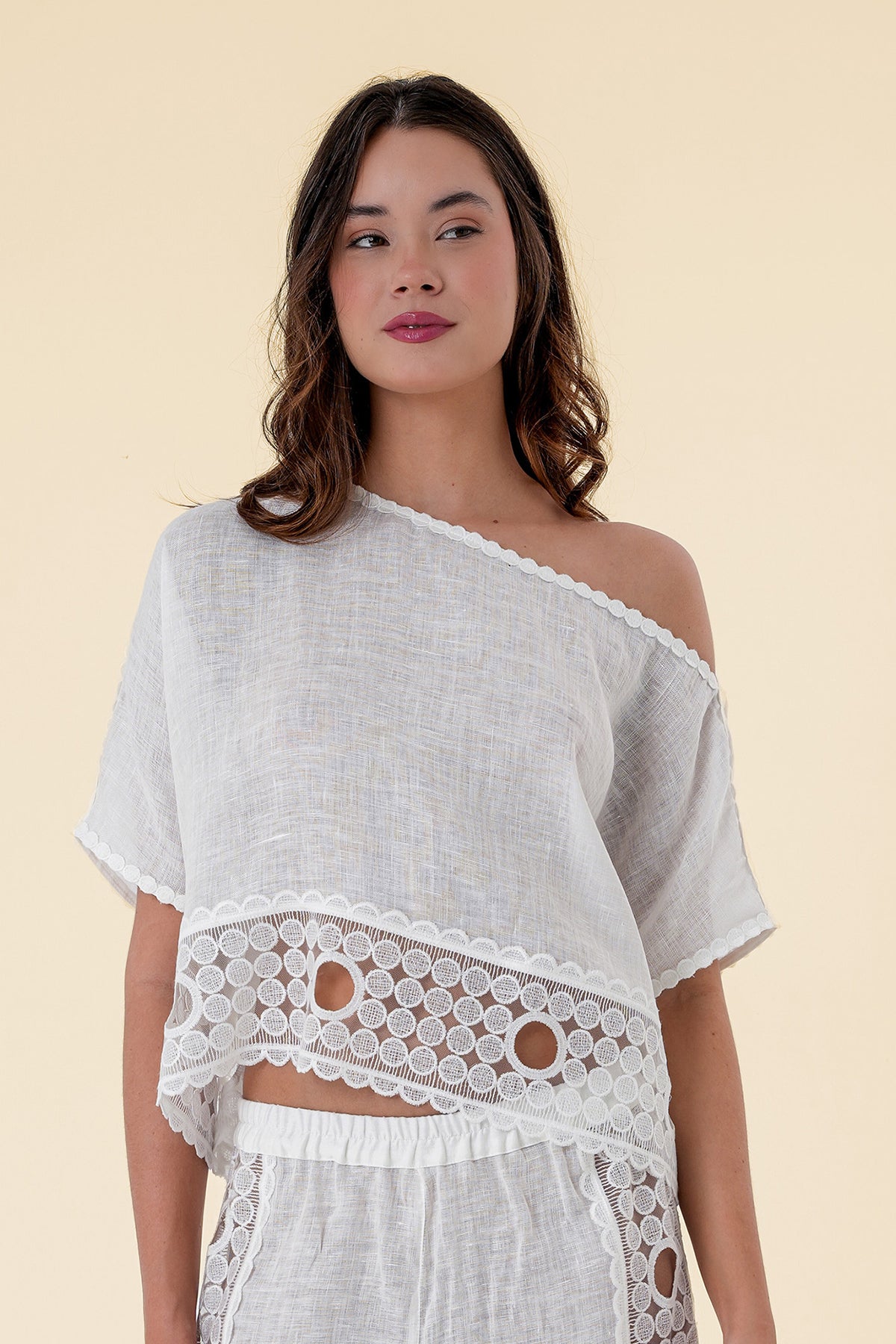 Blouse with Off-Shoulder Design and Delicate Lace Detailing