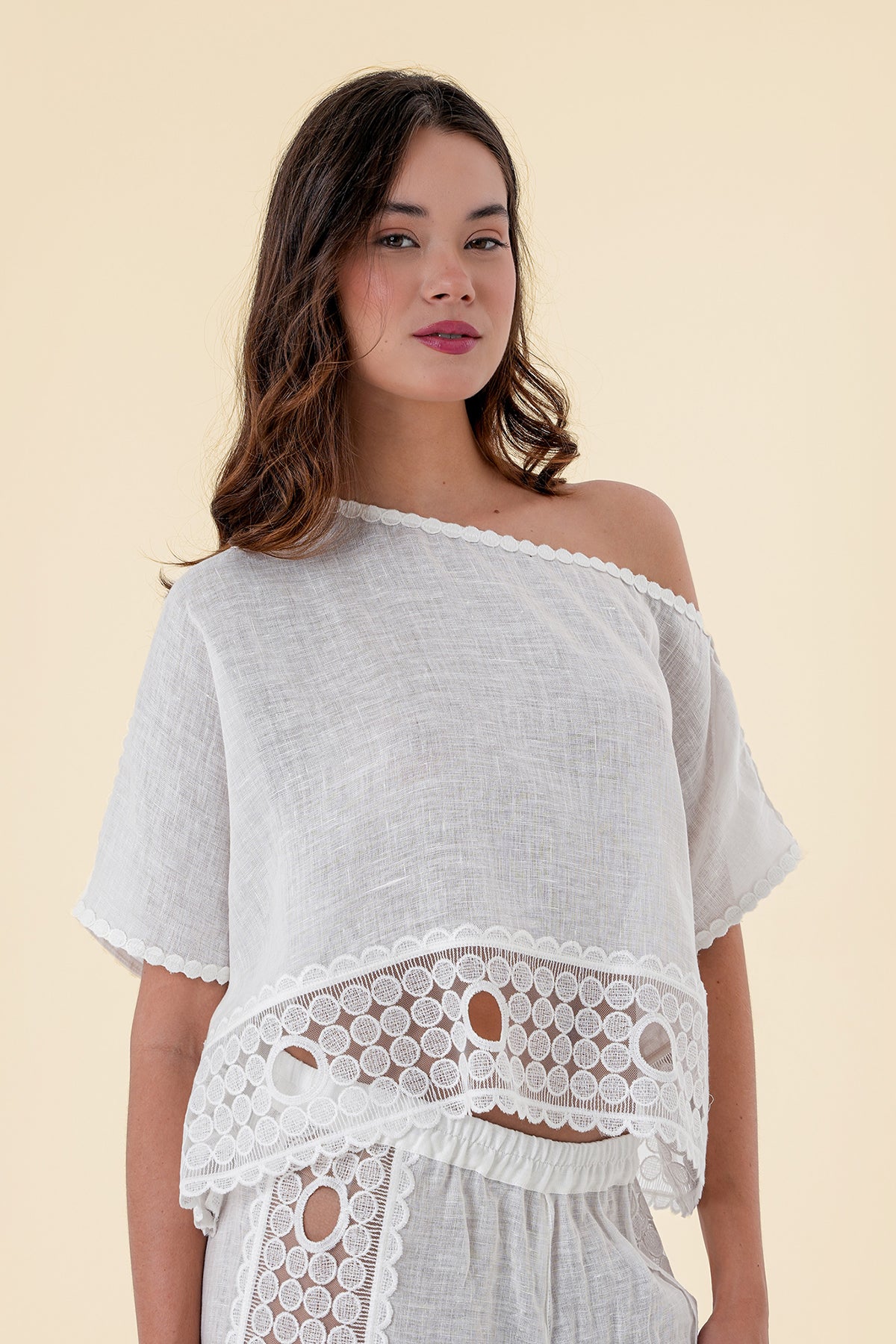 Blouse with Off-Shoulder Design and Delicate Lace Detailing