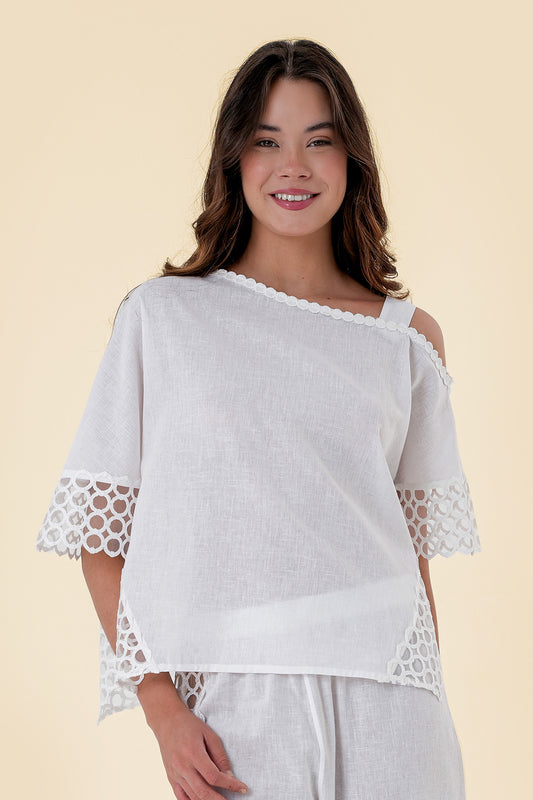 Top with Asymmetric One-Shoulder Design and Intricate Lace Sleeves