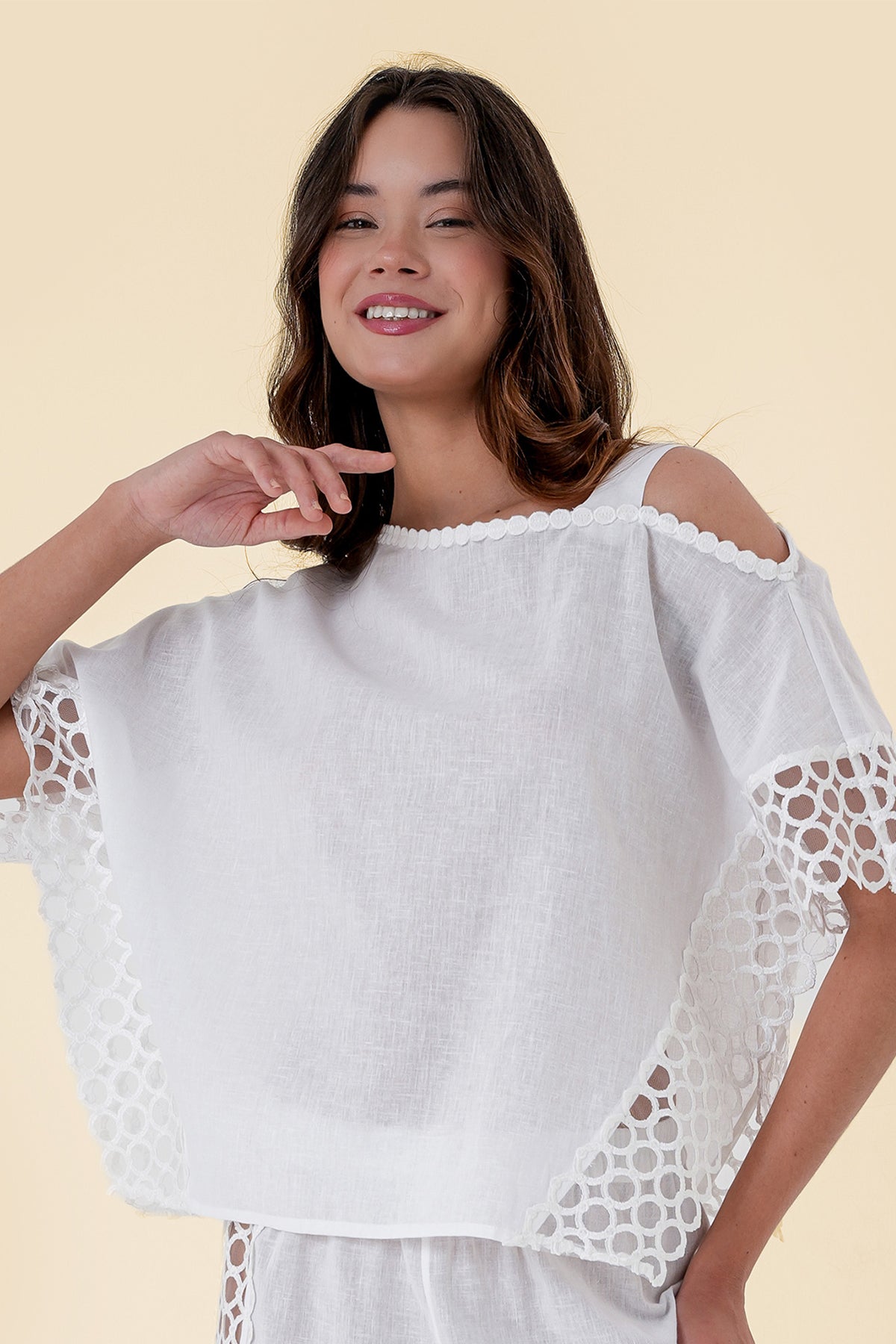 Top with Asymmetric One-Shoulder Design and Intricate Lace Sleeves