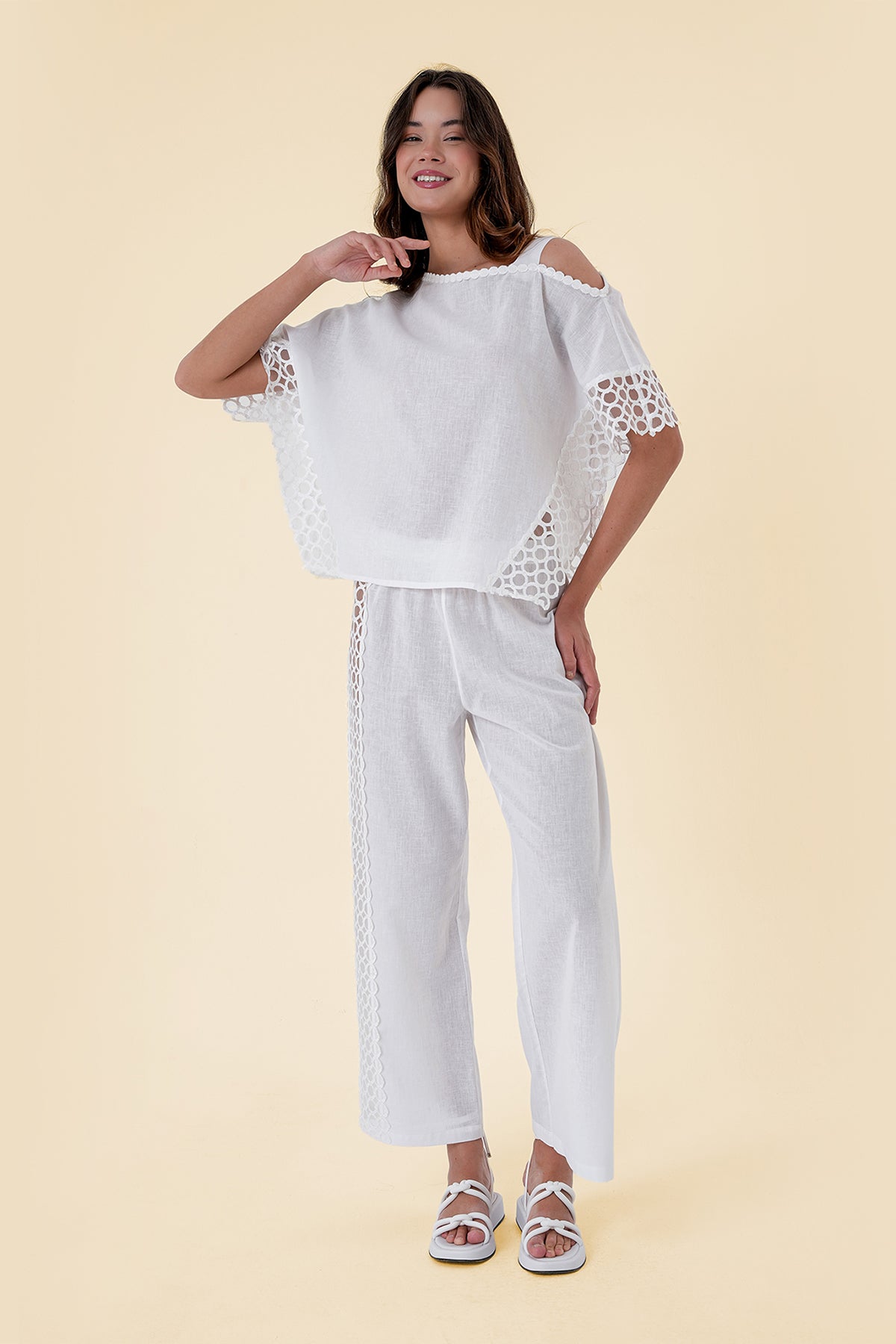 Two-Piece Set with Asymmetrical Cut-Out Shoulder Top and Wide-Leg Pants with Lace Inserts