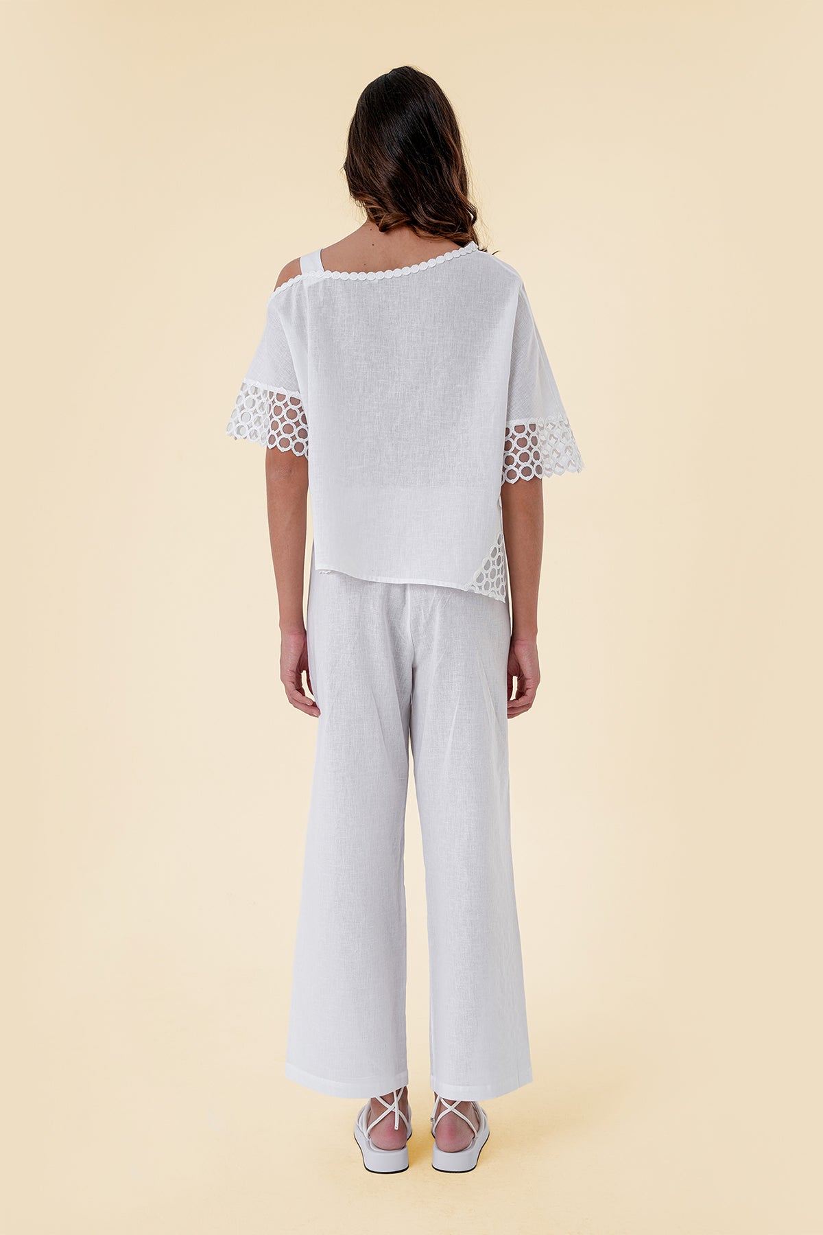 Two-Piece Set with Asymmetrical Cut-Out Shoulder Top and Wide-Leg Pants with Lace Inserts