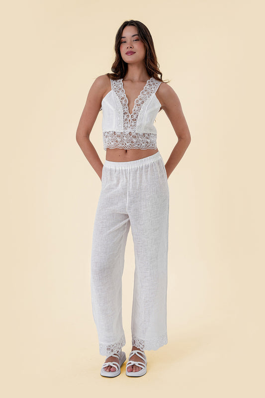 Natural Cotton Fabric Lace Shoulder Strap Lace Patterned Pants Set