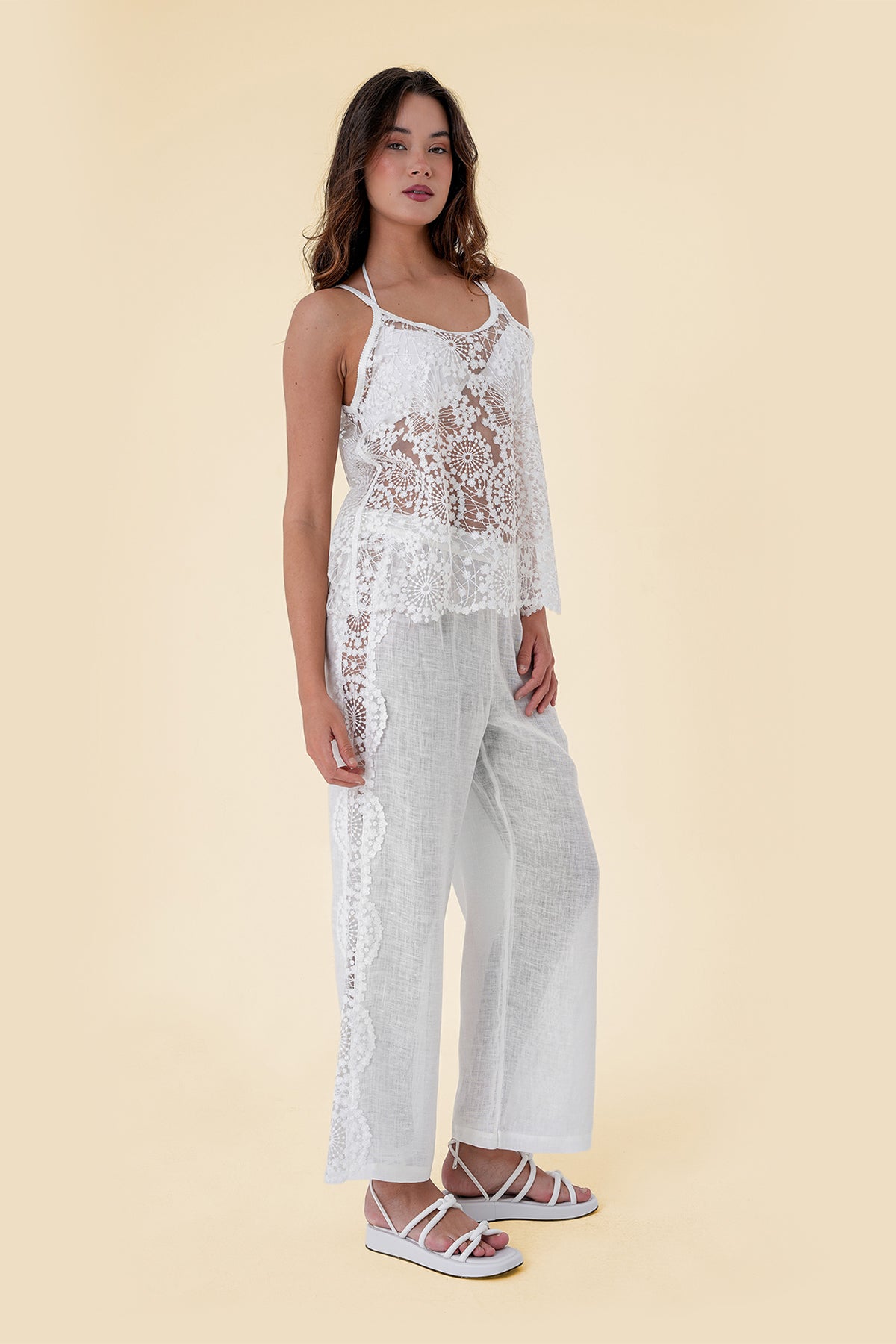 Two-Piece Set with Sheer Lace Camisole and Wide-Leg Pants