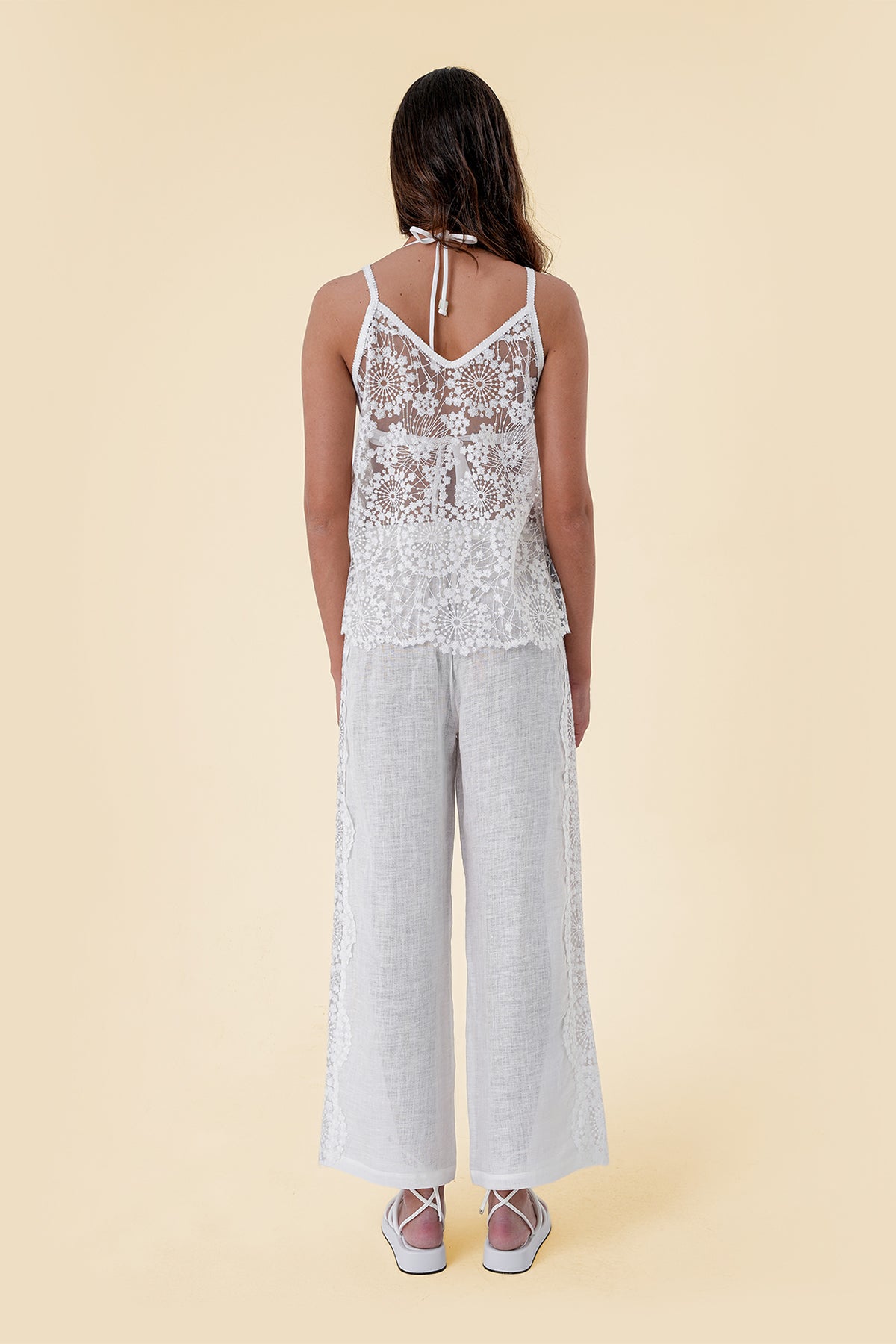 Two-Piece Set with Sheer Lace Camisole and Wide-Leg Pants