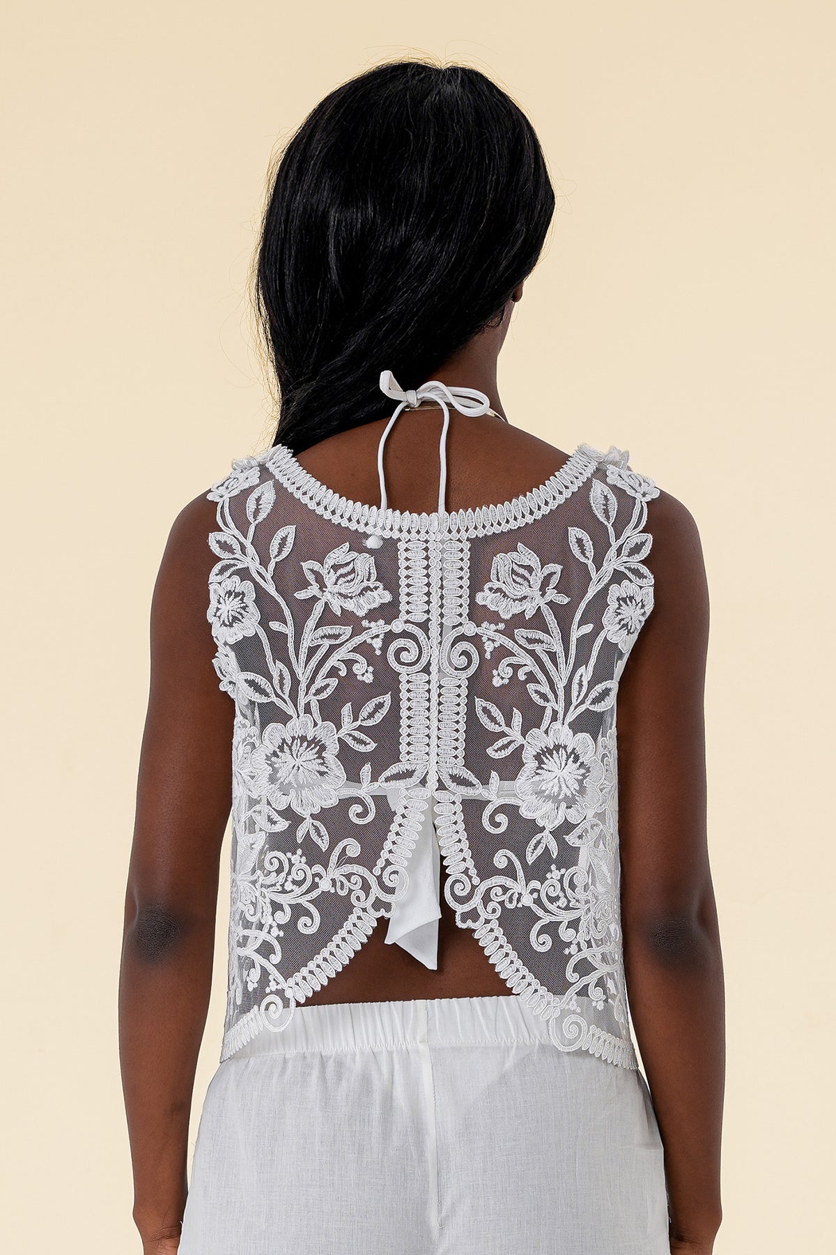 Cover-Up with Sleeveless Design, Floral Embroidered Lace, and Tie Front
