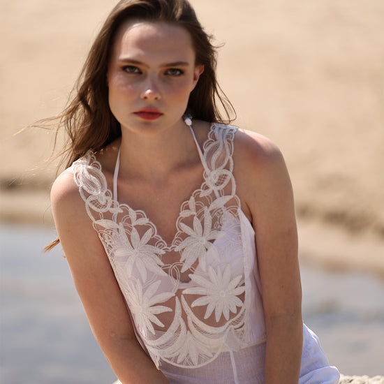 Two-Piece Set with Halter-Neck Lace Top and Comfortable Embroidered Shorts