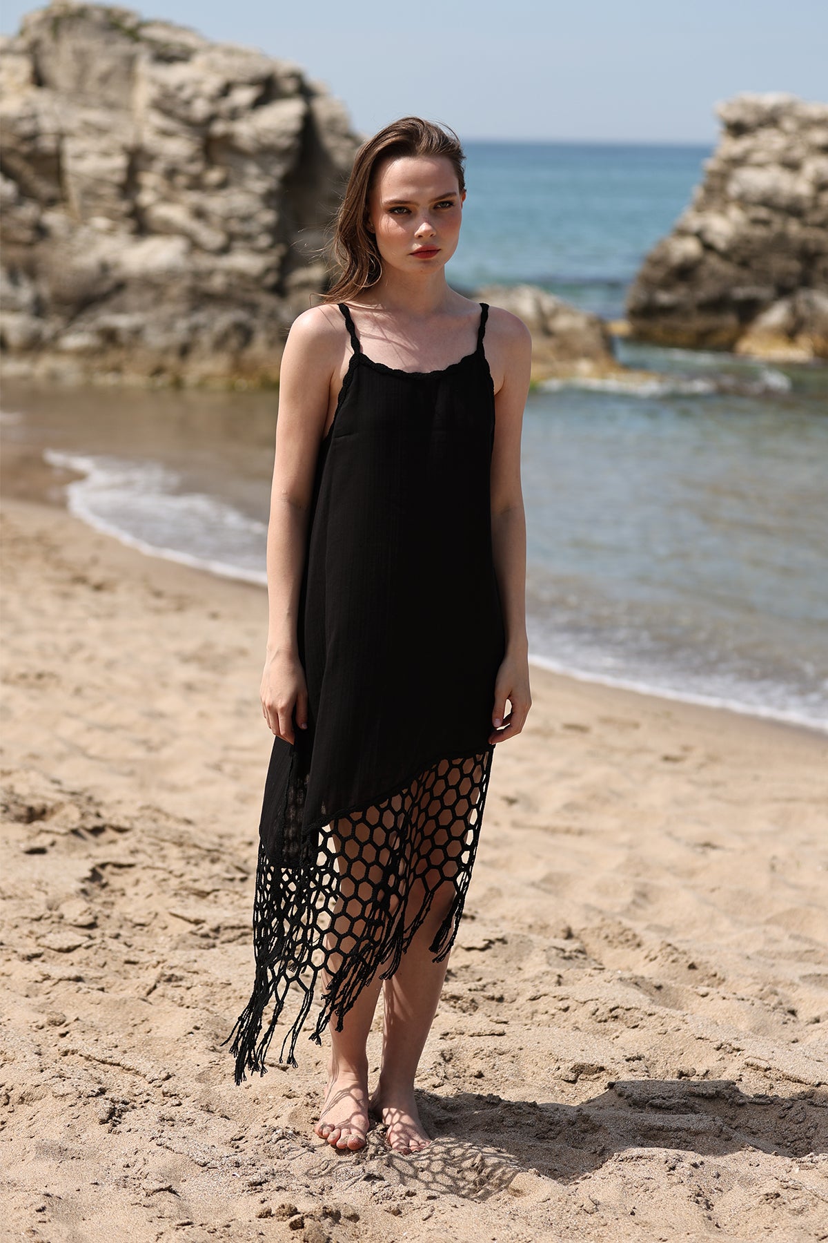 Midi Dress with macramé-style lace trims and Spaghetti Straps