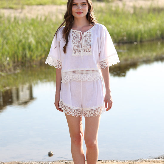 Two-Piece Set with Keyhole Tie Neck, Intricate Lace Accents, and Coordinated Shorts