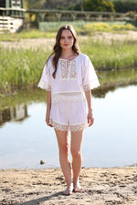 Natural Cotton Fabric Front Tie Lace Patterned Shorts Set 20252102