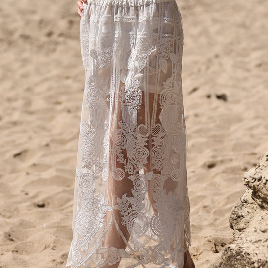 Skirt with Sheer Lace, Embroidered Details, and Elastic Waistband