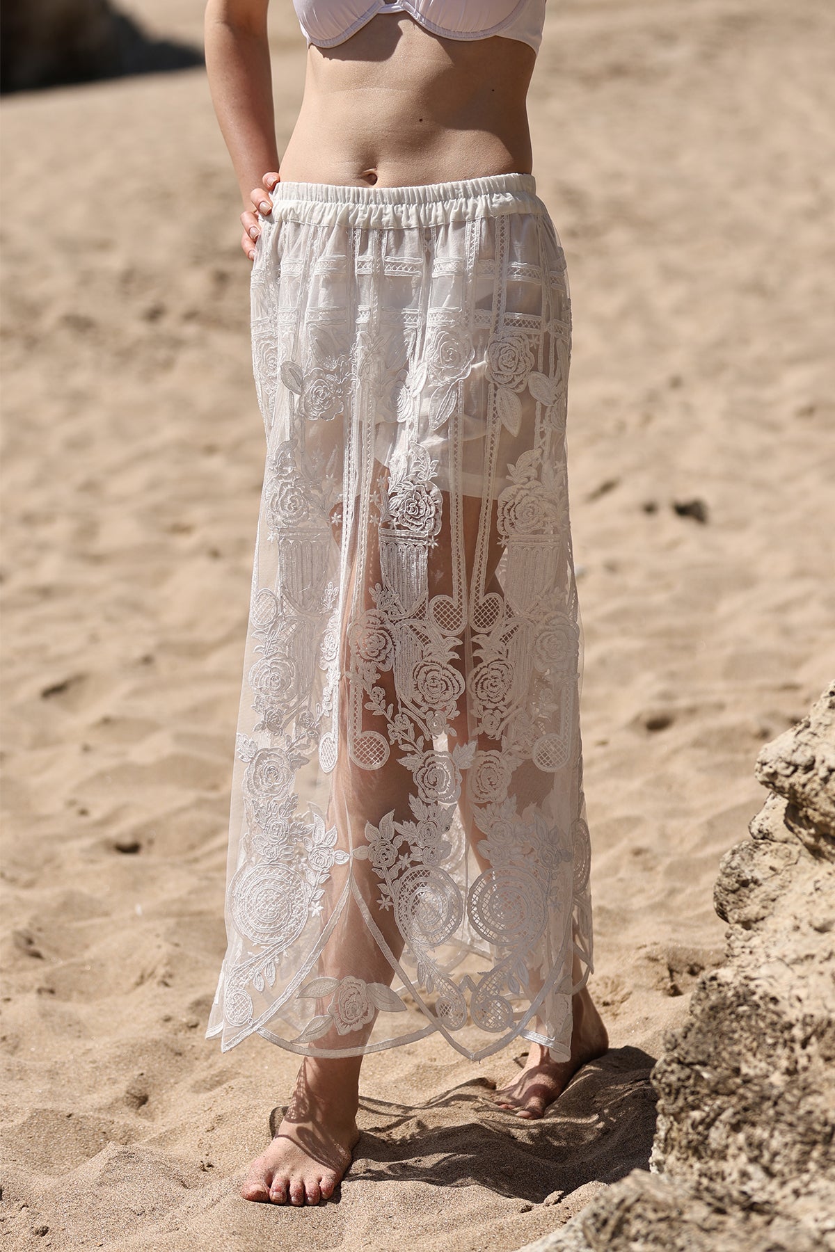 Skirt with Sheer Lace, Embroidered Details, and Elastic Waistband