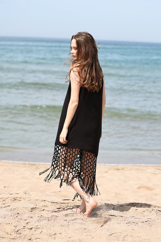 Muslin Cotton Fabric Thin Strap Lace Patterned Mini Dress