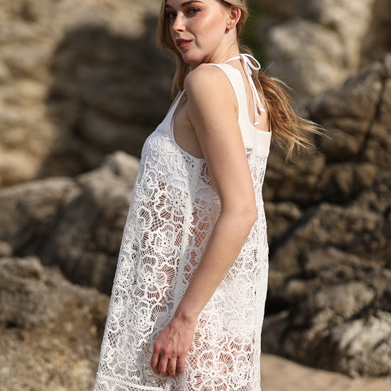 Mini Cover-Up with Intricate Allover Lace, Wide Shoulder Straps, and Round Neckline