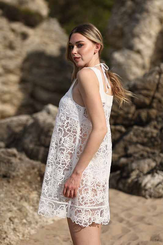 Natural Cotton Fabric Shoulder Strap Lace Patterned Mini Dress
