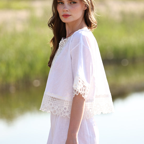 Two-Piece Set with Keyhole Tie Neck, Intricate Lace Accents, and Coordinated Shorts