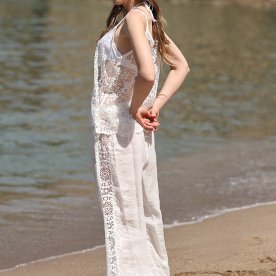 Two-Piece Set with Sheer Lace Camisole and Wide-Leg Pants