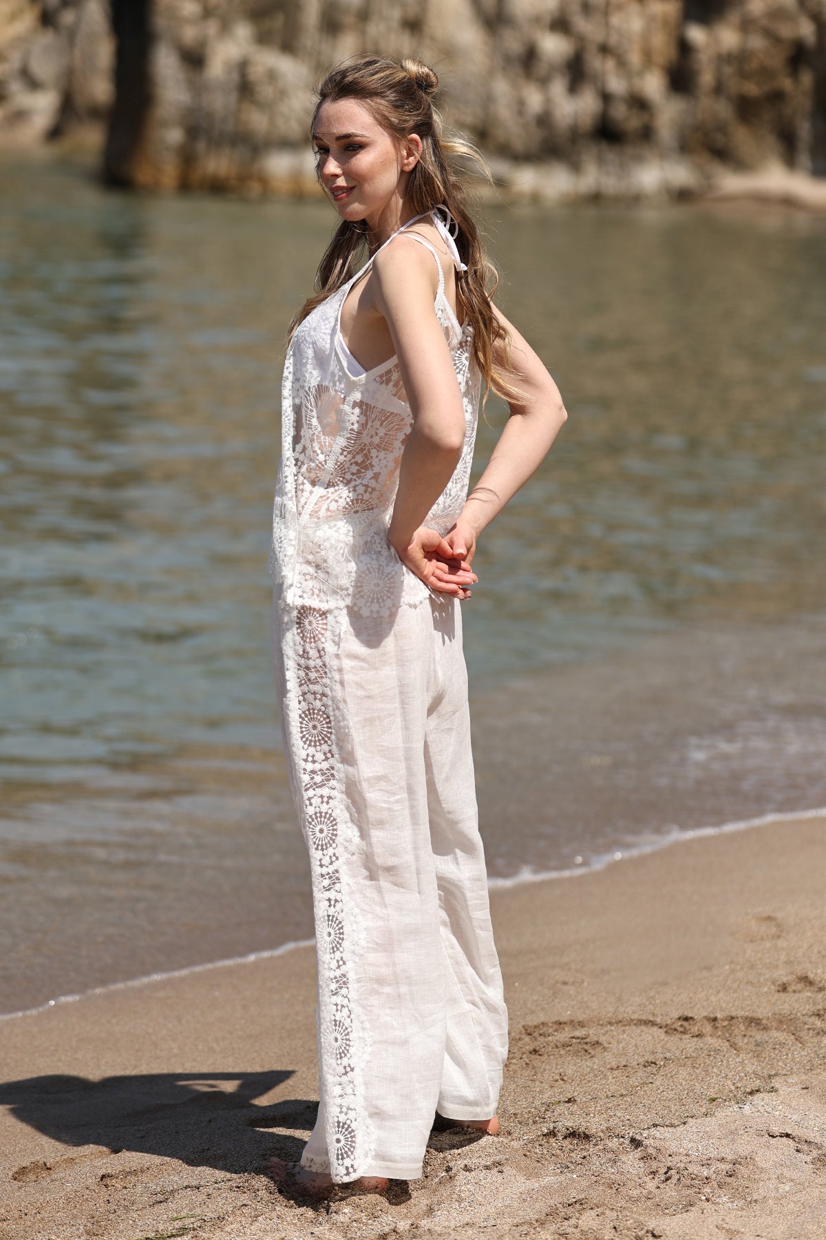 Two-Piece Set with Sheer Lace Camisole and Wide-Leg Pants