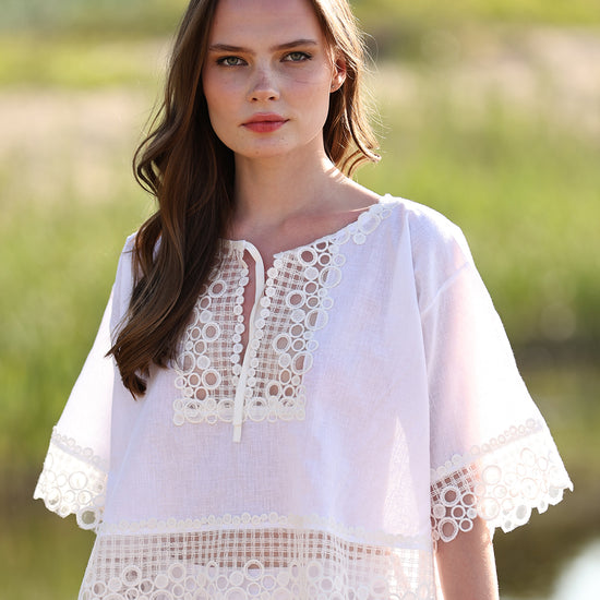 Blouse with Breezy Fit, Wide Short Sleeves, and Lace Embroidery