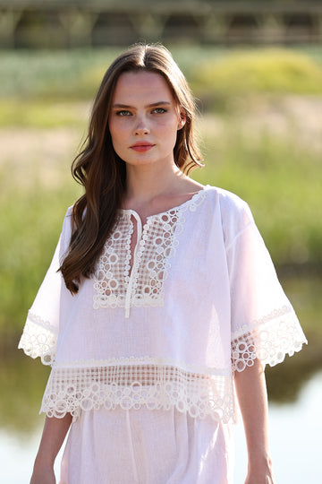 Blouse with Breezy Fit, Wide Short Sleeves, and Lace Embroidery