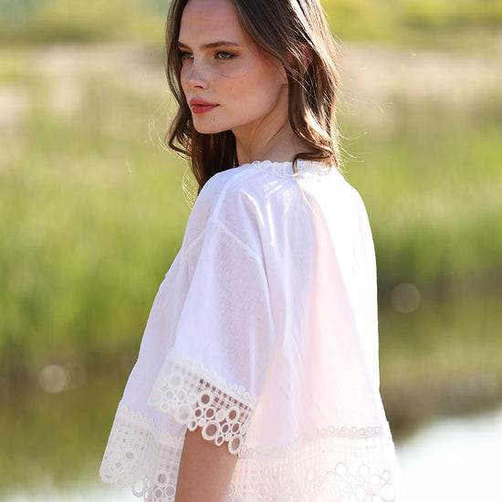 Blouse with Breezy Fit, Wide Short Sleeves, and Lace Embroidery
