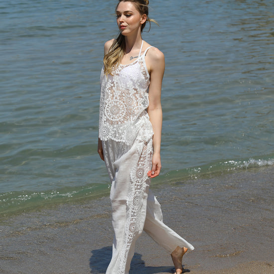 Two-Piece Set with Sheer Lace Camisole and Wide-Leg Pants