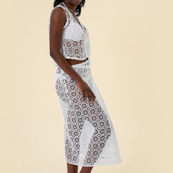 Two-Piece Skirt Set with Lace Tie-Front Vest and Wrap Skirt Featuring Circular Lace