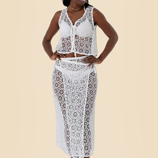 Two-Piece Skirt Set with Lace Tie-Front Vest and Wrap Skirt Featuring Circular Lace
