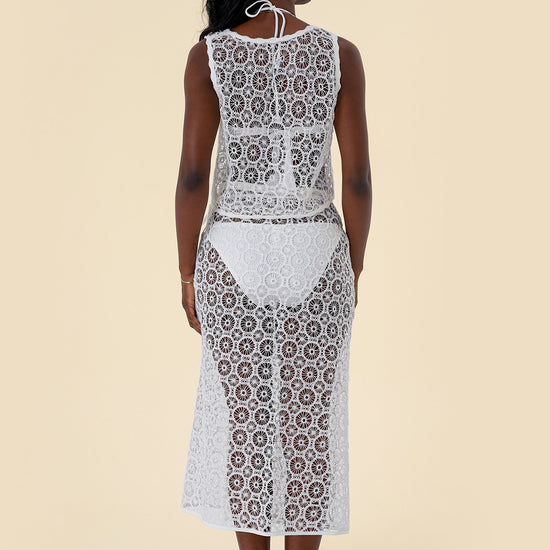Two-Piece Skirt Set with Lace Tie-Front Vest and Wrap Skirt Featuring Circular Lace
