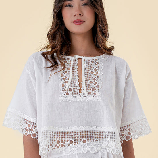 Blouse with Breezy Fit, Wide Short Sleeves, and Lace Embroidery