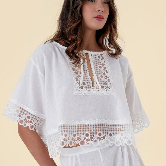 Blouse with Breezy Fit, Wide Short Sleeves, and Lace Embroidery