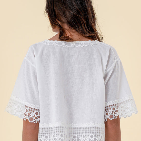 Blouse with Breezy Fit, Wide Short Sleeves, and Lace Embroidery