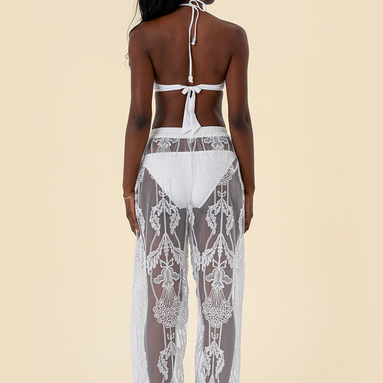 Beach Pants with Sheer Lace Pattern, Elastic Waistband, and Relaxed Fit