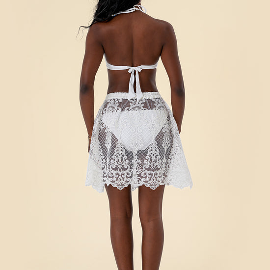 Mini Skirt with Sheer Floral Lace Pattern and Stretch Waistband