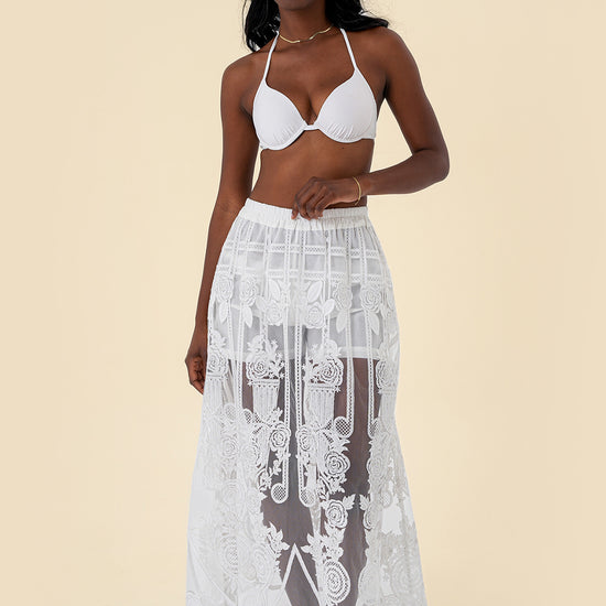 Skirt with Sheer Lace, Embroidered Details, and Elastic Waistband