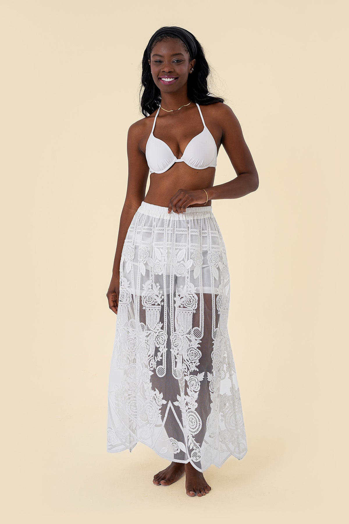 Skirt with Sheer Lace, Embroidered Details, and Elastic Waistband